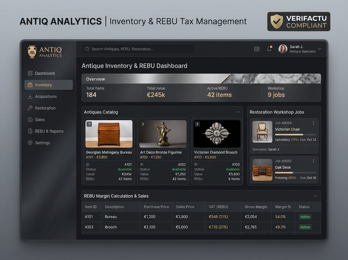 Dashboard de gestión de antigüedades y control REBU